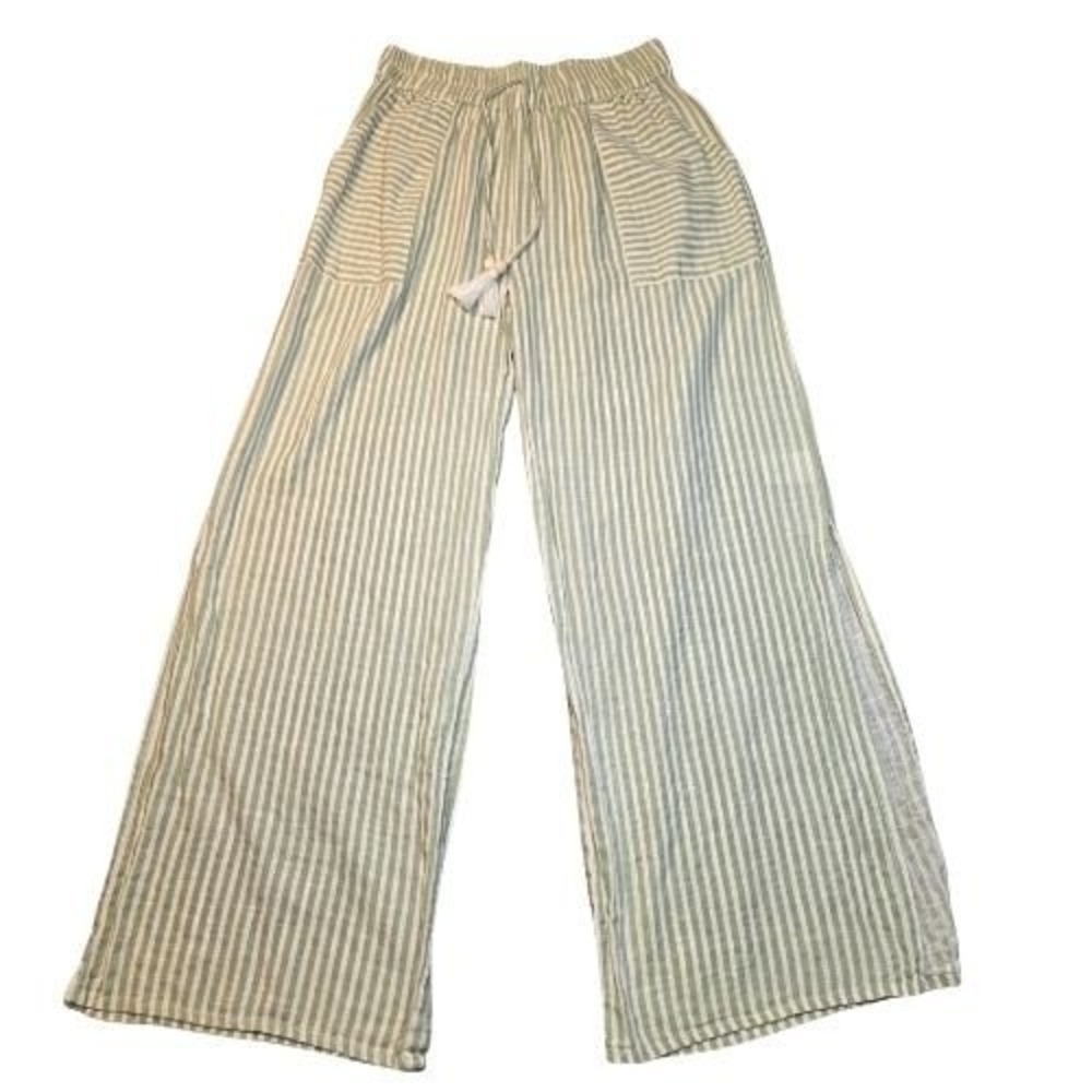 Salty Lemon Sage Green White Striped Wide Leg 100% Cotton Linen Pants Coastal - Picture 3 of 16